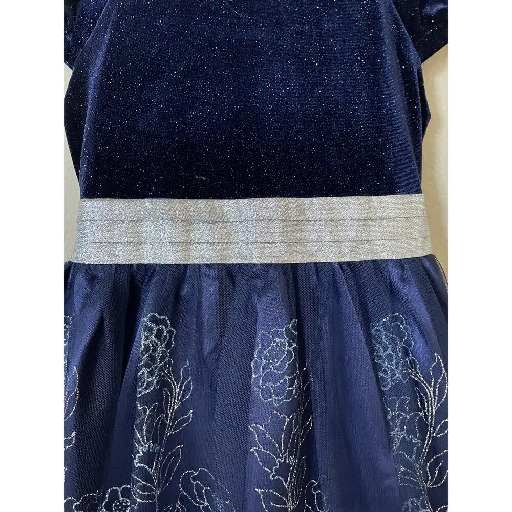 Jona Michelle Blue Silver Sparkle Cap Sleeve Pleated Lined Girls' Dress Size 7